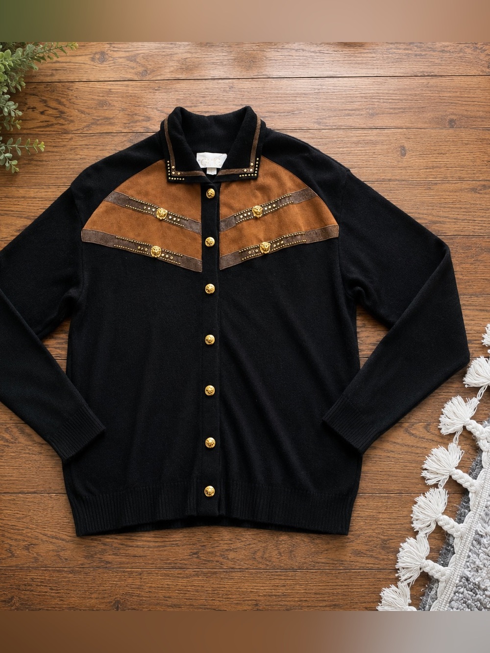 Vintage Cache Western Cardigan Sweater Gold Lion Buttons Studded suede Trim